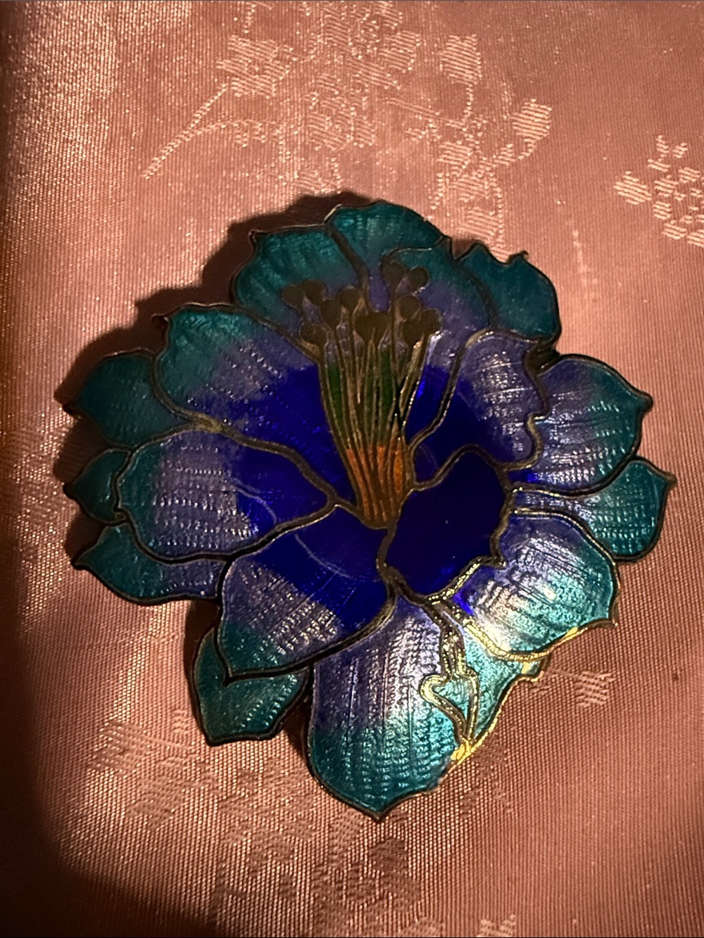 Blue Green Enamel Flower Brooch